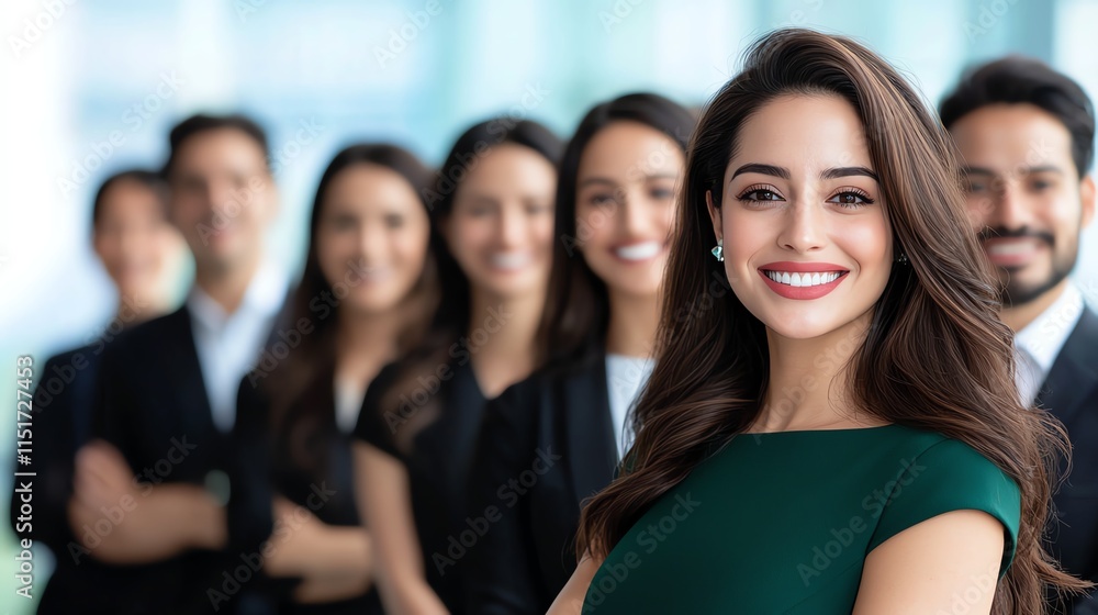 Obraz premium A confident businesswoman leading a diverse team, showcasing teamwork and leadership in a corporate setting.