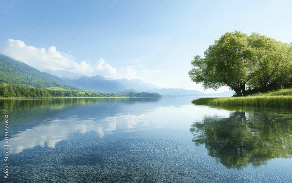Serene lake with majestic tree standing tall in the center reflecting in calm waters surrounded by lush greenery and clear blue skies Serene lake with majestic tree standing tall in the center reflecting in calm waters surrounded by lush greenery and clear blue skies