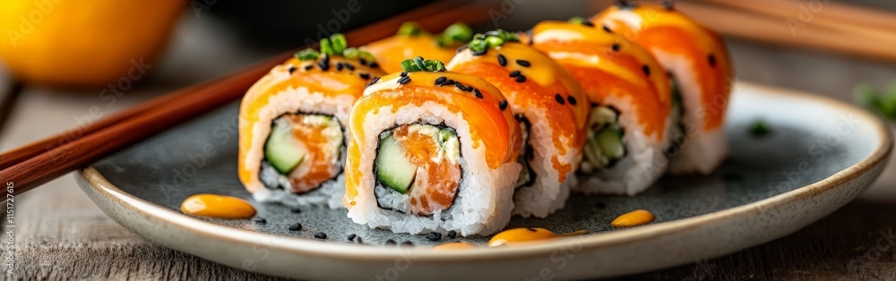 Vibrant Sushi Rolls with Salmon, Mango, and Cream Cheese Vibrant Sushi Rolls with Salmon, Mango, and Cream Cheese
