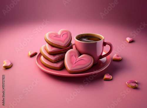 A romantic scene: a pink coffee cup and saucer, accompanied by a stack of heart-shaped cookies, sits on a pink surface with scattered smaller cookies. The lighting enhances the warm, loving atmospher