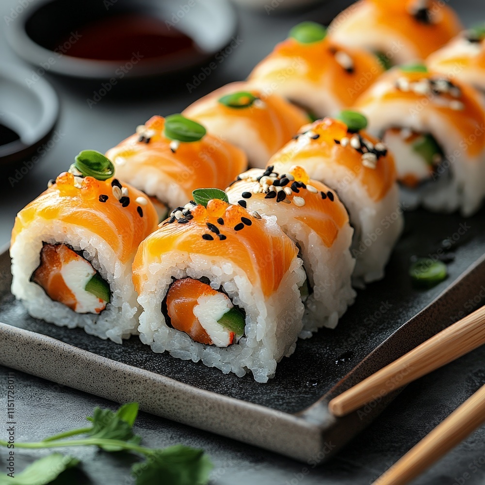 Vibrant Sushi Rolls with Salmon, Mango, and Cream Cheese Vibrant Sushi Rolls with Salmon, Mango, and Cream Cheese
