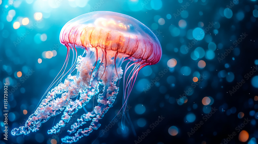 A glowing jellyfish drift gracefully in the tranquil depths of the blue ocean. A glowing jellyfish drift gracefully in the tranquil depths of the blue ocean.