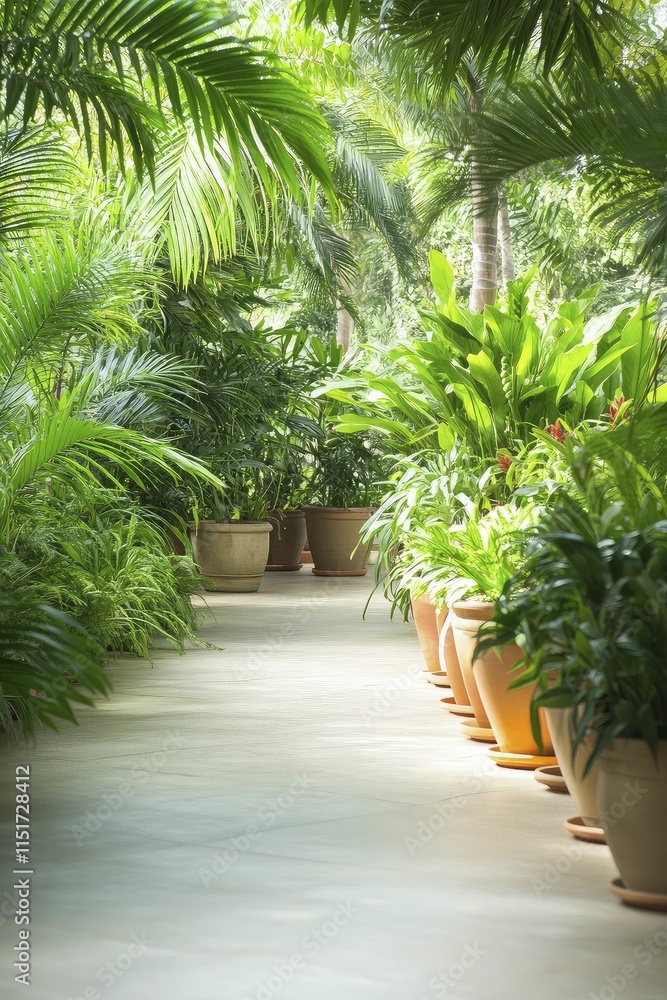 Tranquil Pathway Lined with Lush Potted Plants Leading to a Secret Garden Tranquil Pathway Lined with Lush Potted Plants Leading to a Secret Garden