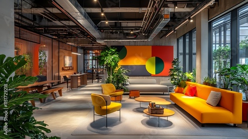 Modern office lobby with vibrant artwork, comfortable seating, and abundant indoor plants.