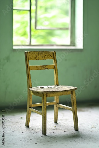 Weathered antique chair in dusty, forgotten room of abandoned building, showcasing history and solitude. photo