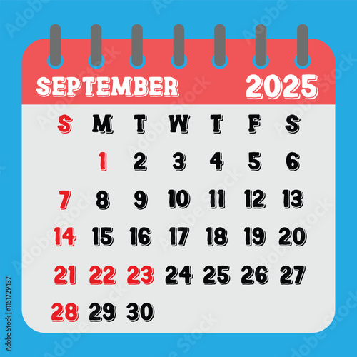 Letter calendar for September 2025. The week begins on Sunday. Time, planning, schedule holidays and observances concept 
