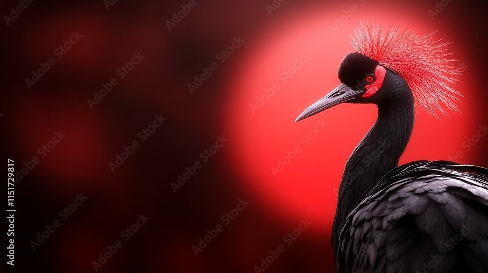Fototapeta premium Elegant black crane with vibrant red background.