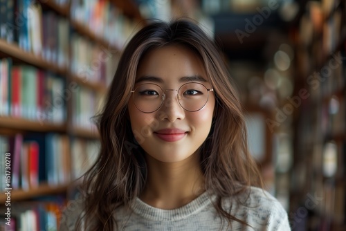 Wallpaper Mural A young woman smiles warmly in a cozy library filled with books, showcasing a love for reading and knowledge. Torontodigital.ca