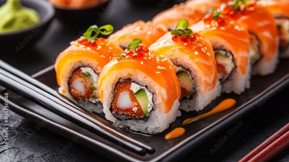 Vibrant Sushi Rolls with Salmon, Mango, and Cream Cheese Vibrant Sushi Rolls with Salmon, Mango, and Cream Cheese
