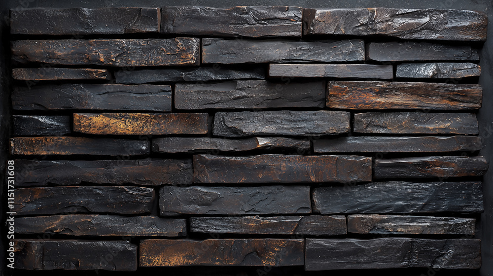 Textured Dark Rectangular Brick Wall, with Hints of Bronze Shimmering Under Soft Lighting Effect Textured Dark Rectangular Brick Wall, with Hints of Bronze Shimmering Under Soft Lighting Effect