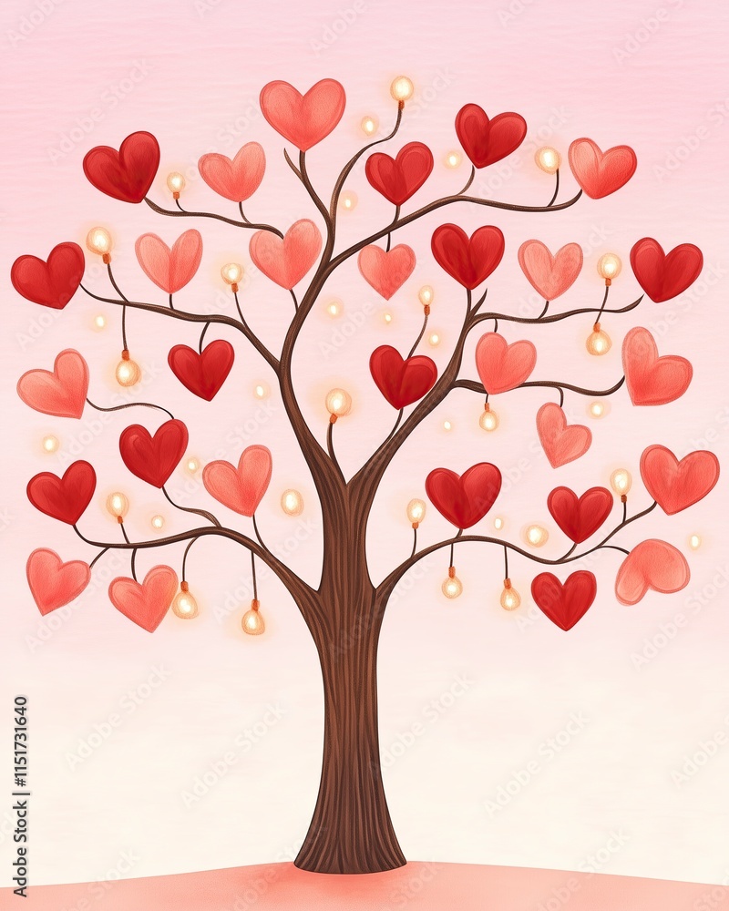 Heart-Shaped Leaves in Minimalist Tree Illustration, symbolizing growth and affection Heart-Shaped Leaves in Minimalist Tree Illustration, symbolizing growth and affection