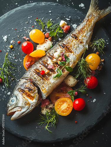 Sobre una mesa oscura, un plato de pizarra con pescado recién asado rodeado de pequeñas guarniciones y decoración de san valentín. photo