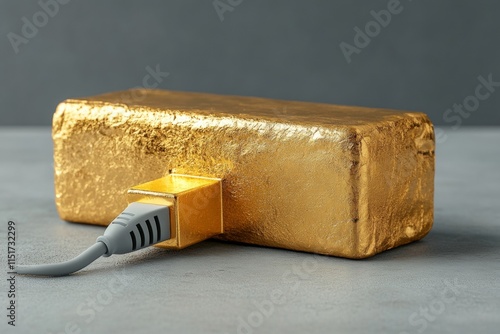 A power bank made of golden bar. Symbolic composition with gray background.