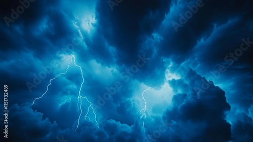 Electric Blue Lightning Storm, Dramatic Sky, Tendrils of Energy, Powerful Weather, Nature s Fury photo