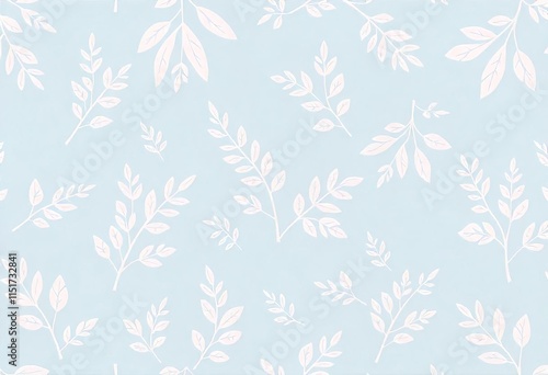 Botanical pattern, abstract ornament of simple hand drawn silhouettes of plants Floral print, small white branches, tiny leaves, foliage on blue background. Vector illustration in two colors