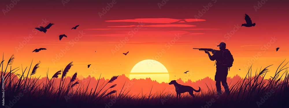 Illustration of a hunter with a dog hunting pheasants, with a sunset background Illustration of a hunter with a dog hunting pheasants, with a sunset background