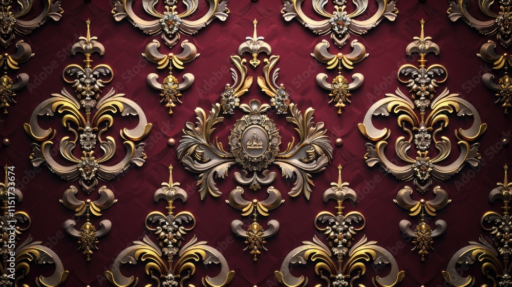 An ornate royal pattern with gold and silver accents, softly illuminated on a deep burgundy background An ornate royal pattern with gold and silver accents, softly illuminated on a deep burgundy background