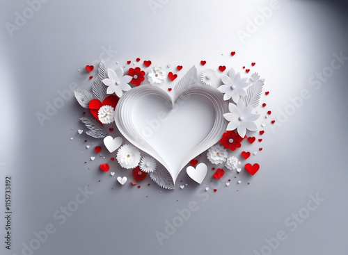 A delicate white paper heart, adorned with red and white paper flowers and hearts, creates a romantic and elegant design against a light gray background.  The image evokes feelings of love and affecti photo