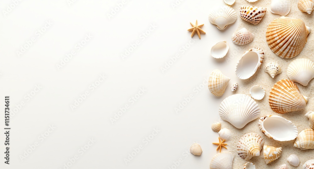 Obraz premium Assorted seashells arranged on a light background, evoking a coastal and relaxing beach vibe. Perfect for summer-themed projects and designs.