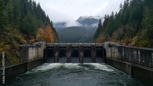 Large hydroelectric dam with flowing water photo