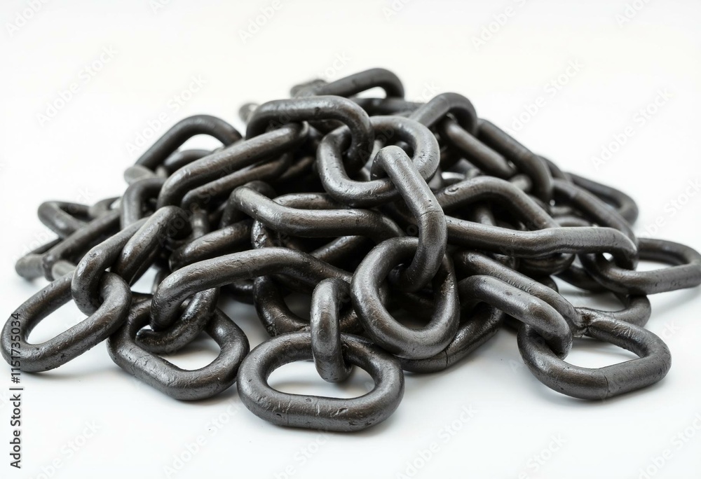 Pile of interlocking steel chain links, isolated on a bright white background