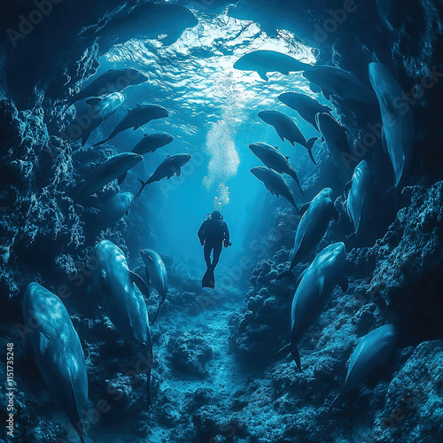 divers with fish swimming with each other in the ocean photo