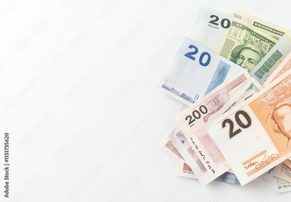 Assorted international banknotes scattered on white background, symbolizing global finance and currency exchange. Assorted international banknotes scattered on white background, symbolizing global finance and currency exchange.