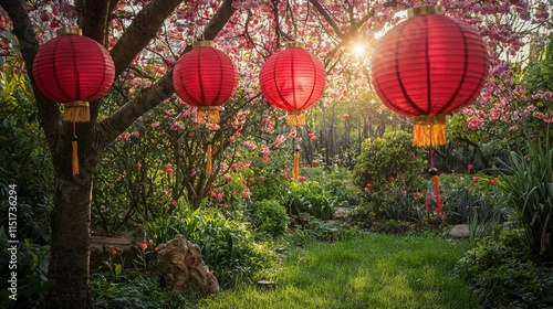 Red Lanterns Swaying Gently in a Beautiful Garden