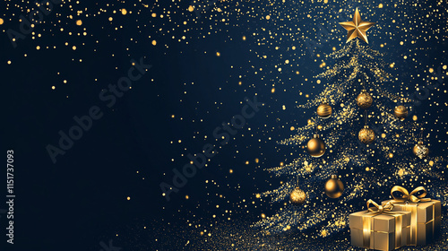 Sparkling Gold Glitter Christmas Tree with Presents on Navy Background