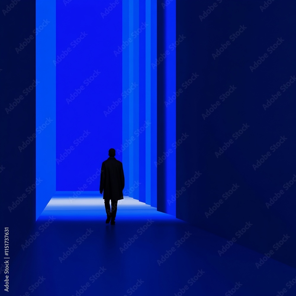 Fototapeta premium A silhouette walks through a blue-lit corridor.