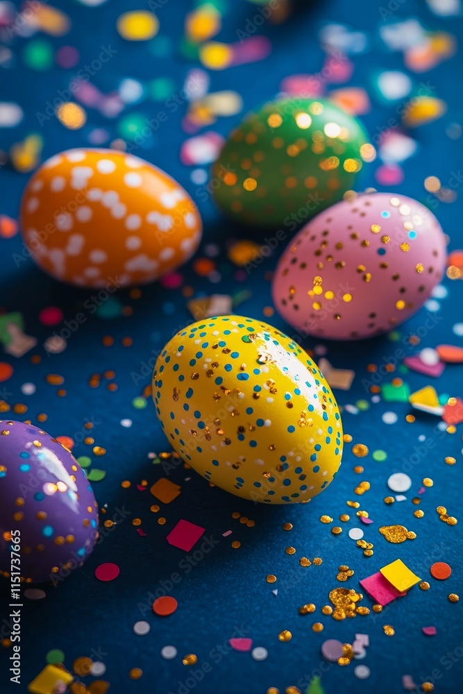 Obraz premium Sparkling Pastel Easter Eggs on Blue Background with Confetti, Celebrating Easter Festivities
