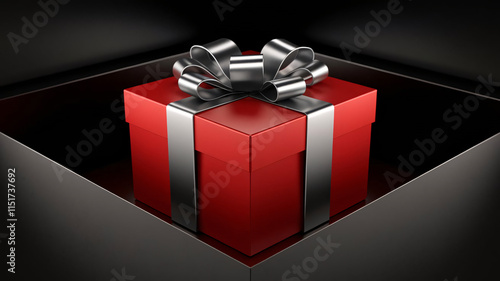 Elegant Red Present with Silver Ribbon in Dark Box Setting photo