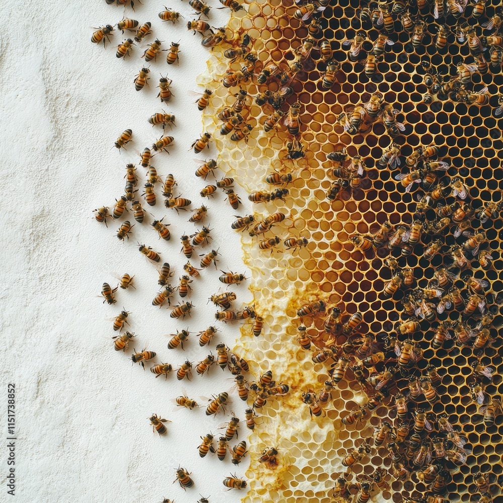 Honeycomb And Bees. Swarm Of Bees On Honeycombs Background, Copy Space. Banner, Big Size. Honeycomb And Bees. Swarm Of Bees On Honeycombs Background, Copy Space. Banner, Big Size.