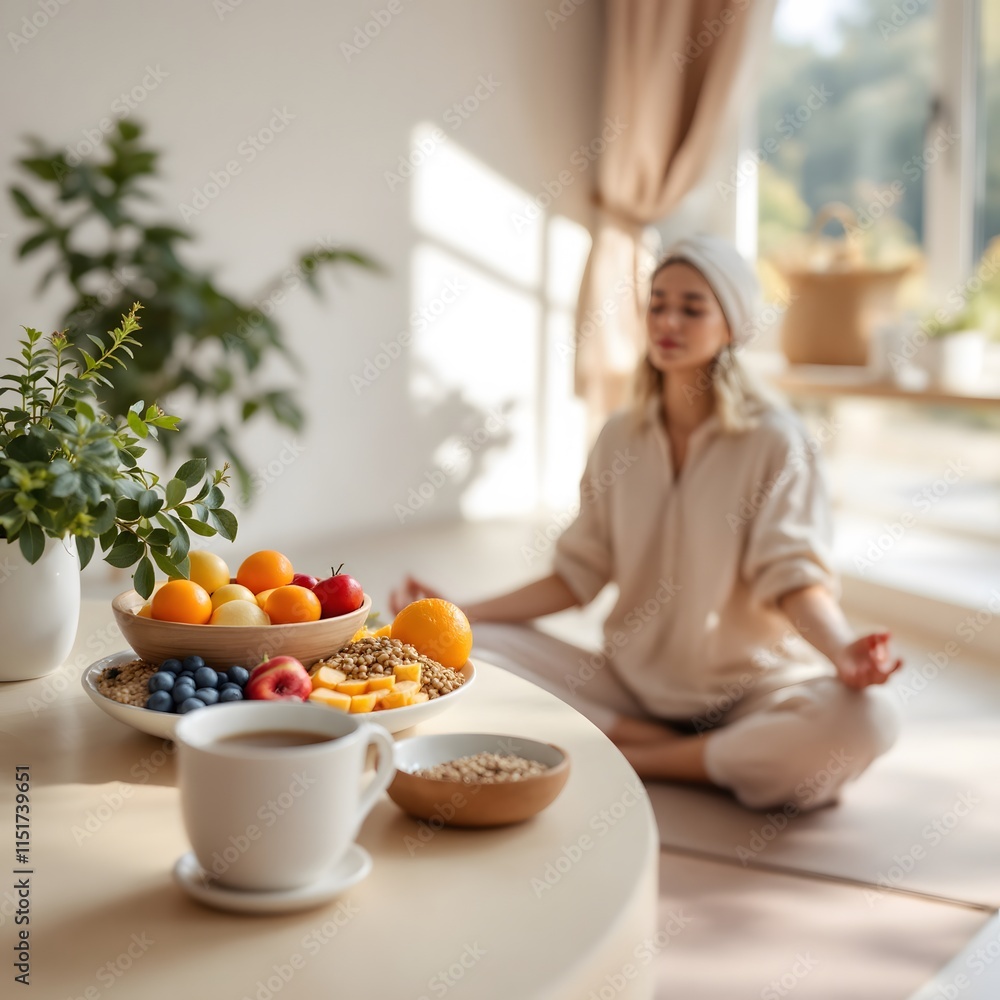 Woman in meditation with fruit bowl morning breakfast healthy lifestyle Woman in meditation with fruit bowl morning breakfast healthy lifestyle