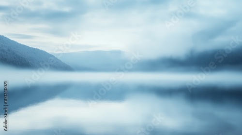 In the early morning hours, a tranquil lake mirrors the ethereal beauty of mist-covered mountains beneath a cloudy sky