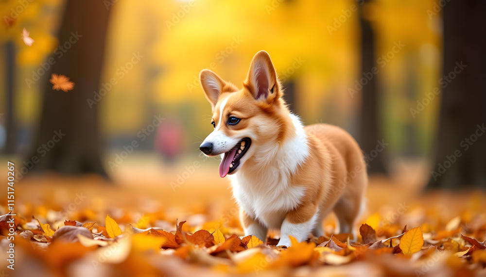 Corgi in Autumn Park Background: Image of a corgi playing with leaves in bright fall colors, with trees and golden leaves in the background. Corgi in Autumn Park Background: Image of a corgi playing with leaves in bright fall colors, with trees and golden leaves in the background.