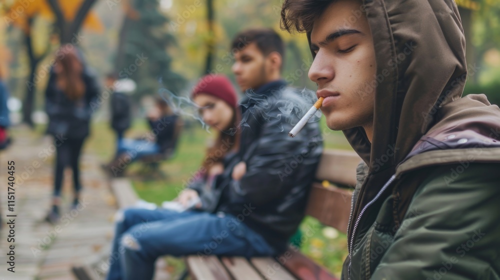 A young man appears lost in thought while smoking on a park bench, surrounded by blurry figures, suggesting introspection and solitude amidst a social environment. A young man appears lost in thought while smoking on a park bench, surrounded by blurry figures, suggesting introspection and solitude amidst a social environment.