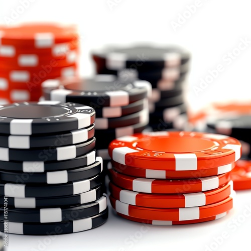 Stacks of colorful poker chips in red, black, and white, used in casino games, symbolizing risk, chance, and the thrill of gambling. photo