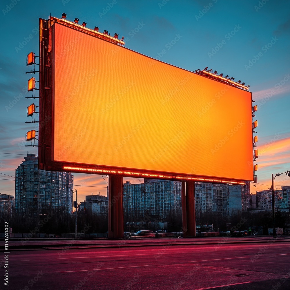 A large blank billboard glows orange against a sunset cityscape backdrop. A large blank billboard glows orange against a sunset cityscape backdrop.
