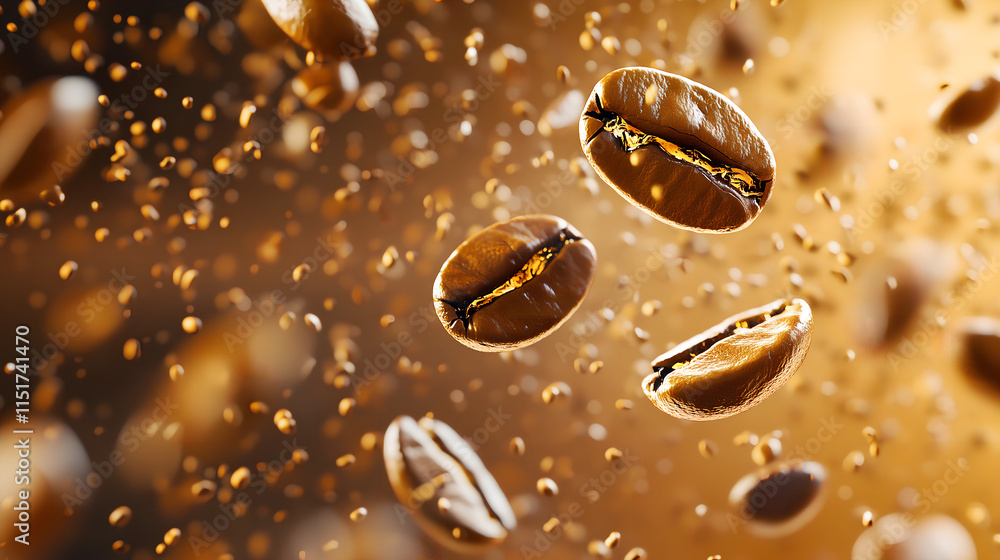 Macro shot of coffee beans floating in the air Macro shot of coffee beans floating in the air
