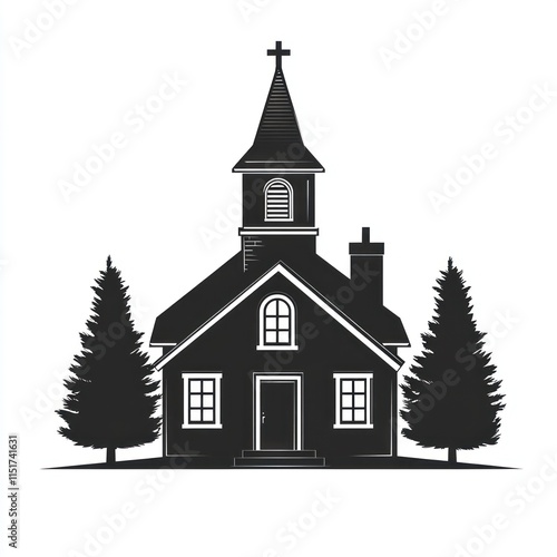 Wallpaper Mural Simple black silhouette of a church with two evergreen trees. Torontodigital.ca