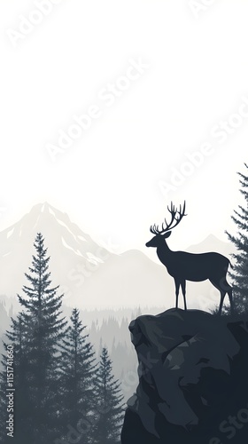 A simple vector illustration of an elegant deer standing on the edge of a cliff, overlooking dense forests and distant mountains