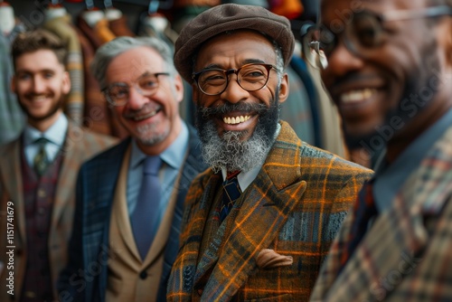 Joyful men in stylish suits smile confidently at the camera, embodying elegance and camaraderie in their attire. photo