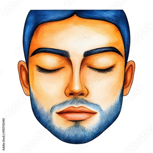 A vibrant watercolor portrait of a man's head and shoulders, showcasing a serene expression with closed eyes. photo