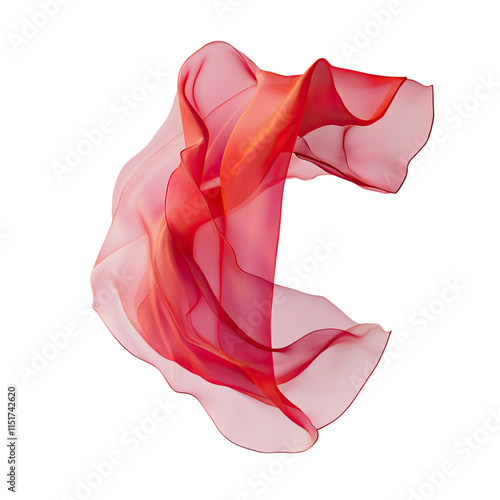 A red silk scarf floating in the air, against a white background, with no shadow in the bottom right of the cloth. photo