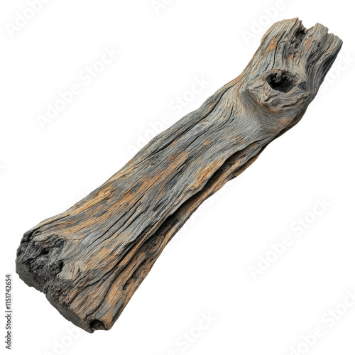 A rustic driftwood branch, isolated on a white background with a clipping path. The driftwood is highly detailed and has beautiful natural patterns of light brown to gray tones. photo