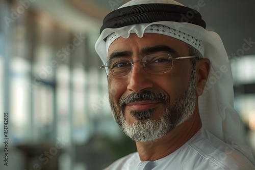 Portrait of a confident man in traditional attire, showcasing a warm smile in a modern setting. photo