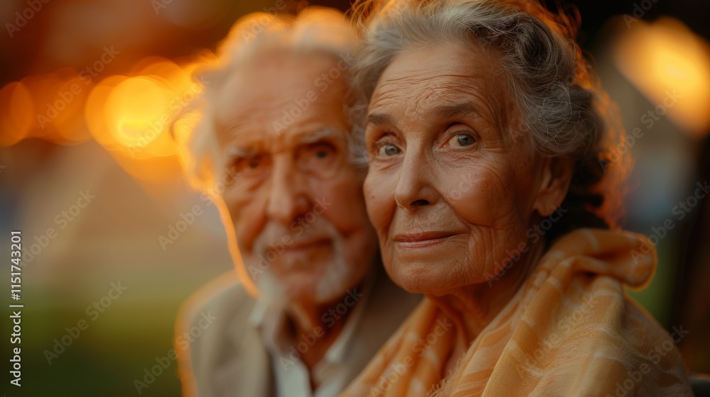 A loving elderly couple captured at sunset with warm, glowing light surrounding them, representing enduring love and the serenity of life's later stages. A loving elderly couple captured at sunset with warm, glowing light surrounding them, representing enduring love and the serenity of life's later stages.
