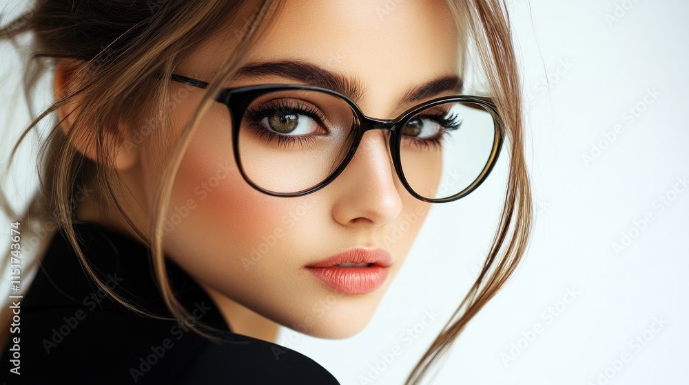Close-up portrait of a young woman with glasses, looking directly at the camera. Close-up portrait of a young woman with glasses, looking directly at the camera.