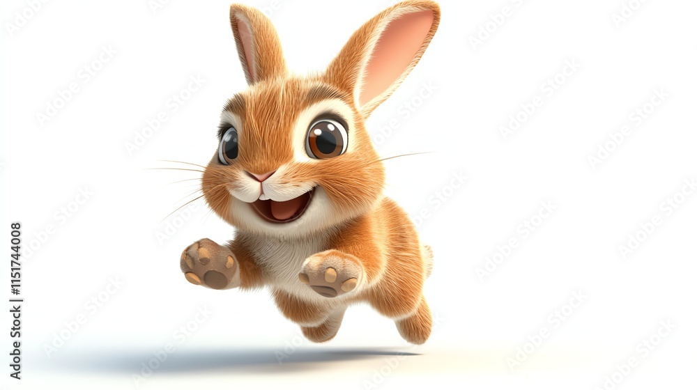 Fototapeta premium A happy cartoon bunny leaps through the air, with big eyes and a wide smile.